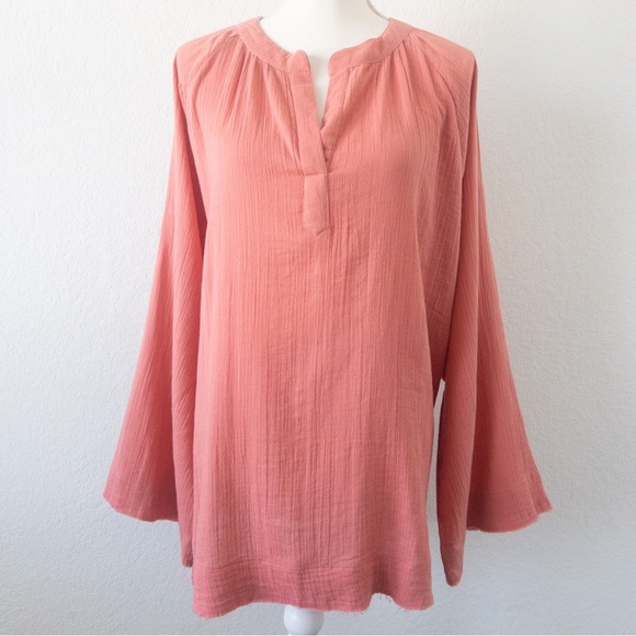 Karyn Seo Coral Pink Cotton Boho Oversized Tunic Top Size Large - Picture 2 of 9